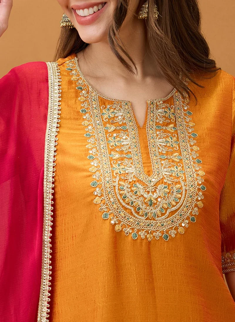 globus Yellow Globus Women Yellow Sequinned Zari Embroidered Yoke A-Line Kurta With Pant & Contrast Dupatta Festive Set for Women | Best Price UAE